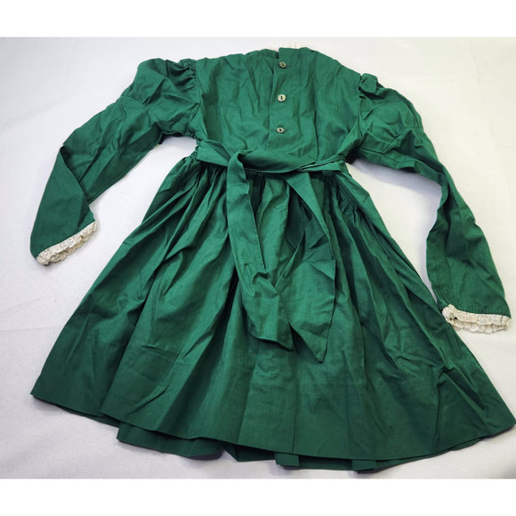 Girls' Green White Lace Trim Puffed Long Sleeve Zip Back Holiday Smocked Dress - Picture 5 of 6